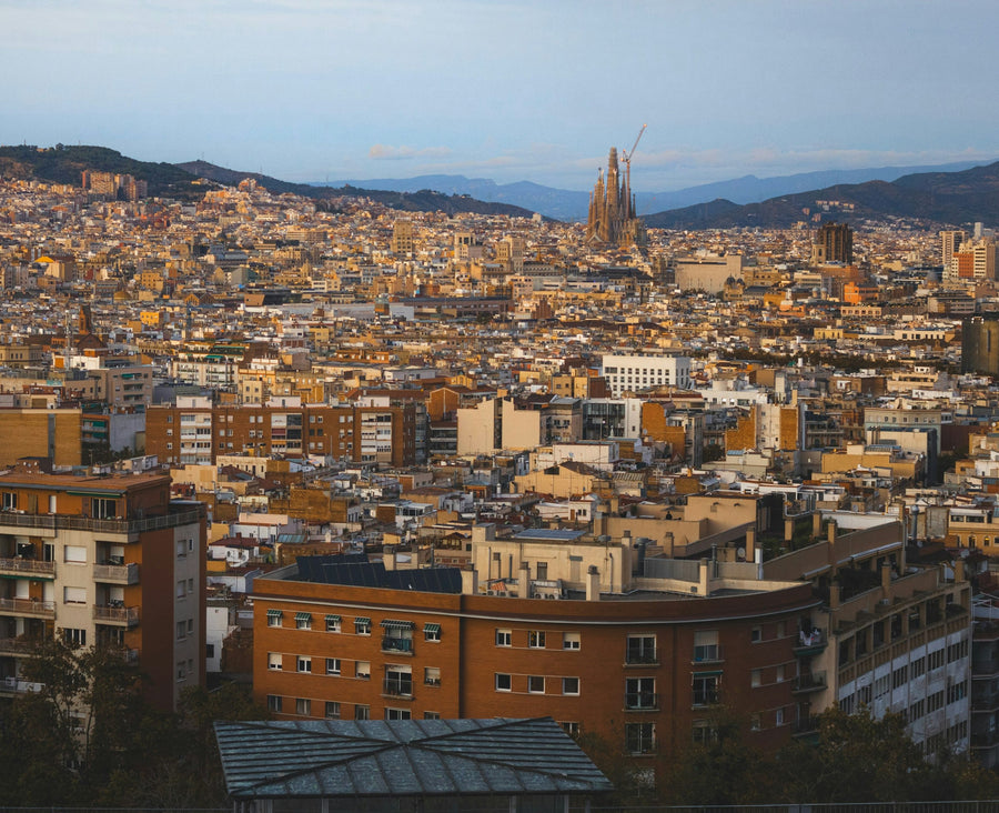 Barcelona skyline with the Sagrada Família — 99.9% partial solar eclipse, 12 August 2026