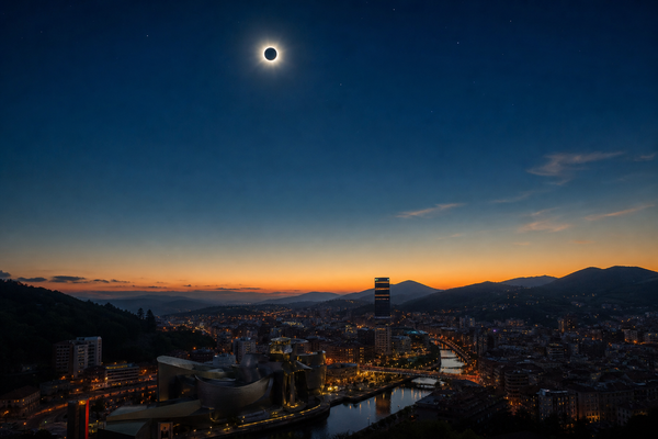 Total solar eclipse with the solar corona low over the Bilbao skyline and Nervión estuary at dusk on 12 August 2026