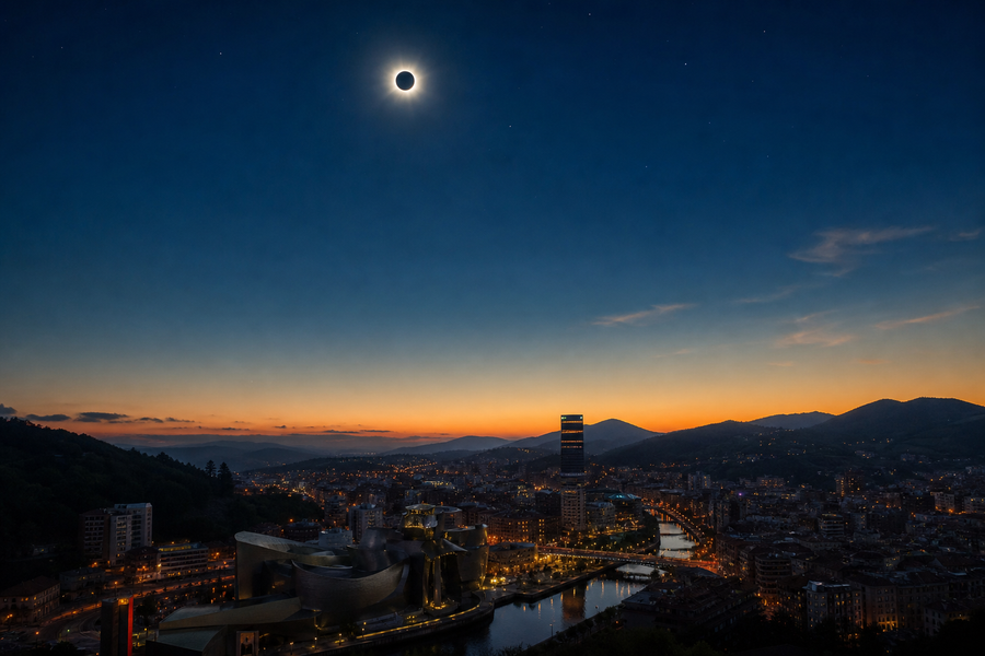 Total solar eclipse with the solar corona low over the Bilbao skyline and Nervión estuary at dusk on 12 August 2026