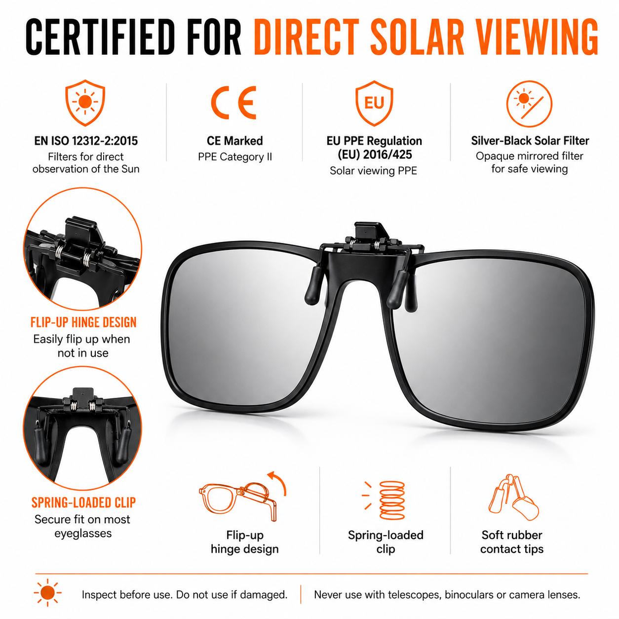 Solar Eclipse Clip-On Glasses for Prescription Frames — Flip-Up Hinge, CE Certified PPE Cat II, EN ISO 12312-2:2015 — Absolute Eclipse, OD 4.8