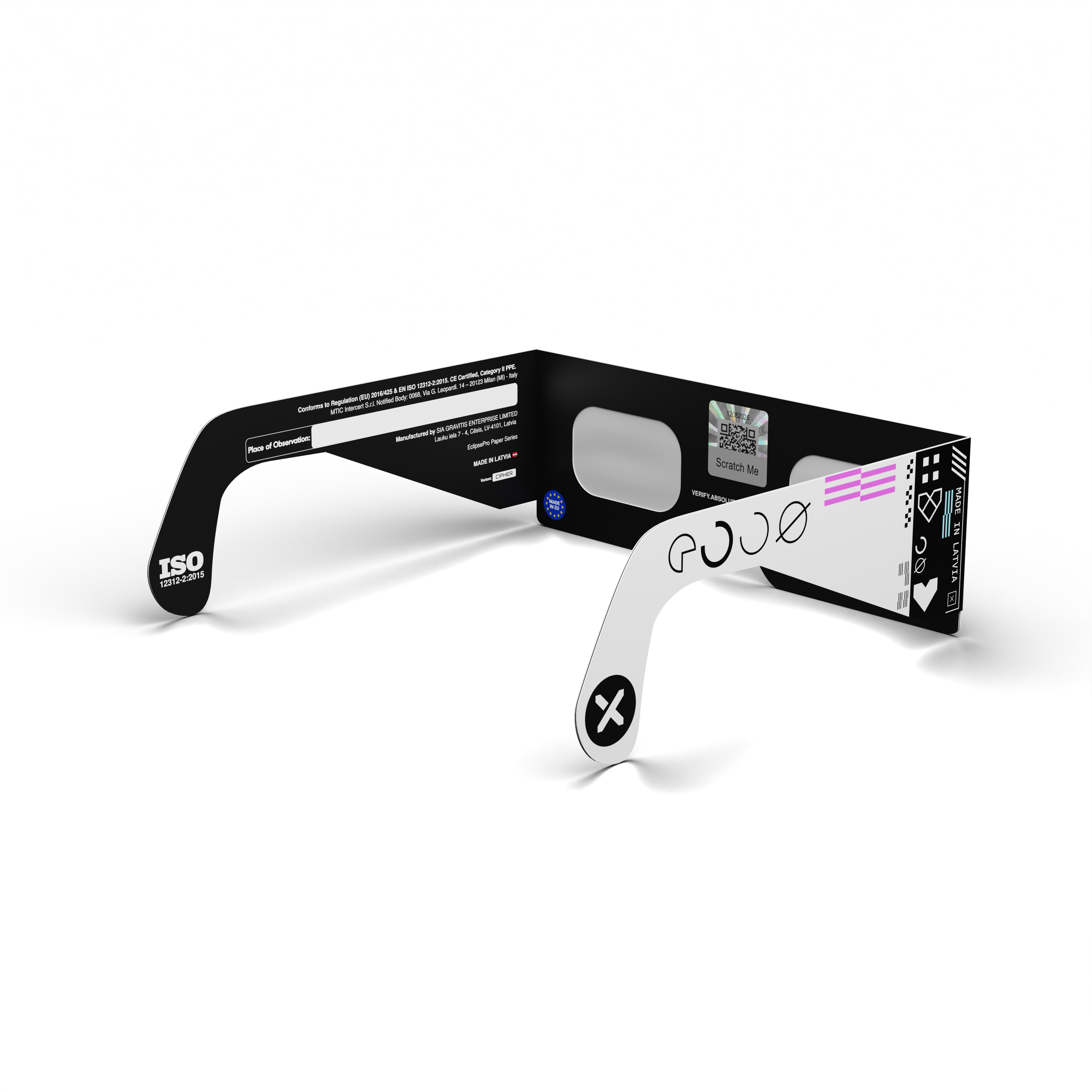 Cipher solar eclipse glasses - 135° angle (transparent background)