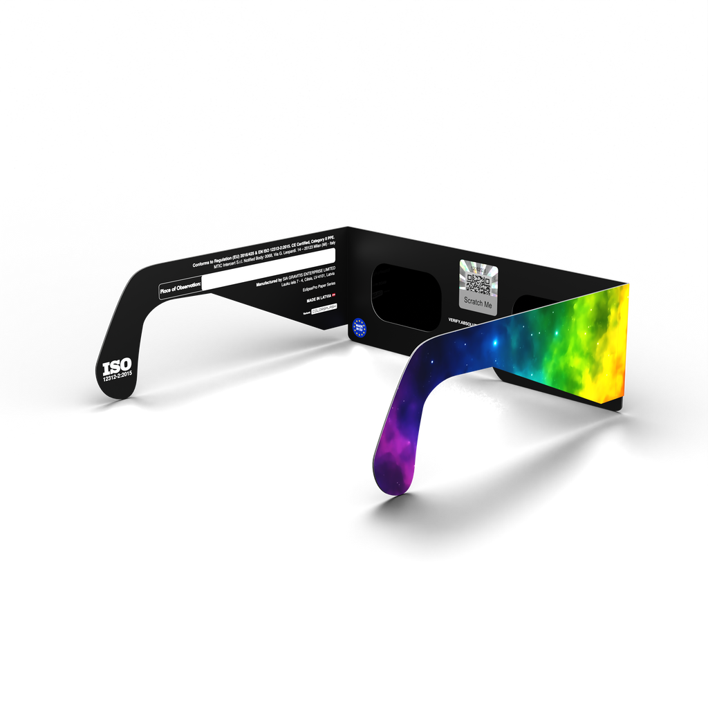 Colorsplash solar eclipse glasses - 135° angle (transparent background)