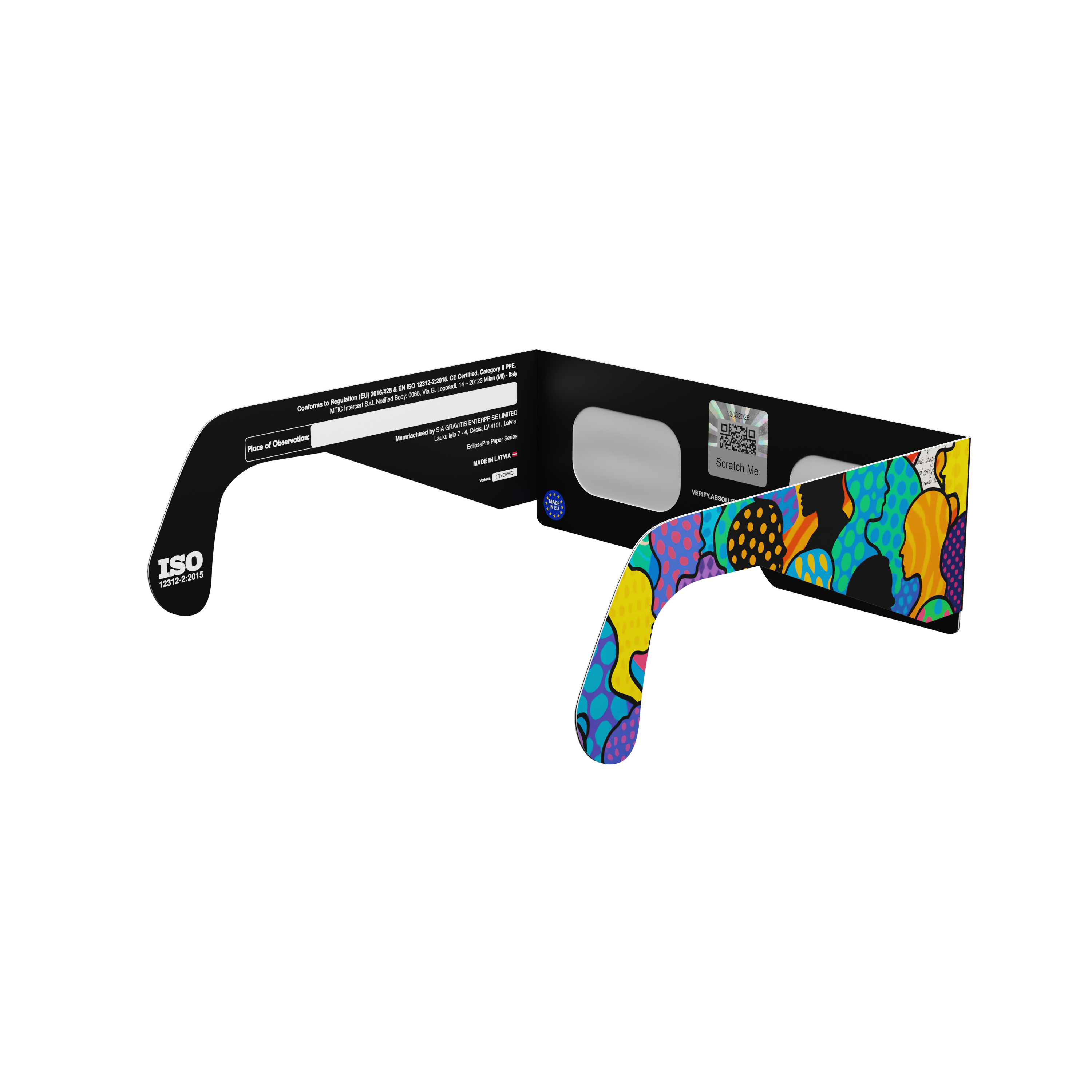 Crowd solar eclipse glasses - 135° angle (transparent background)