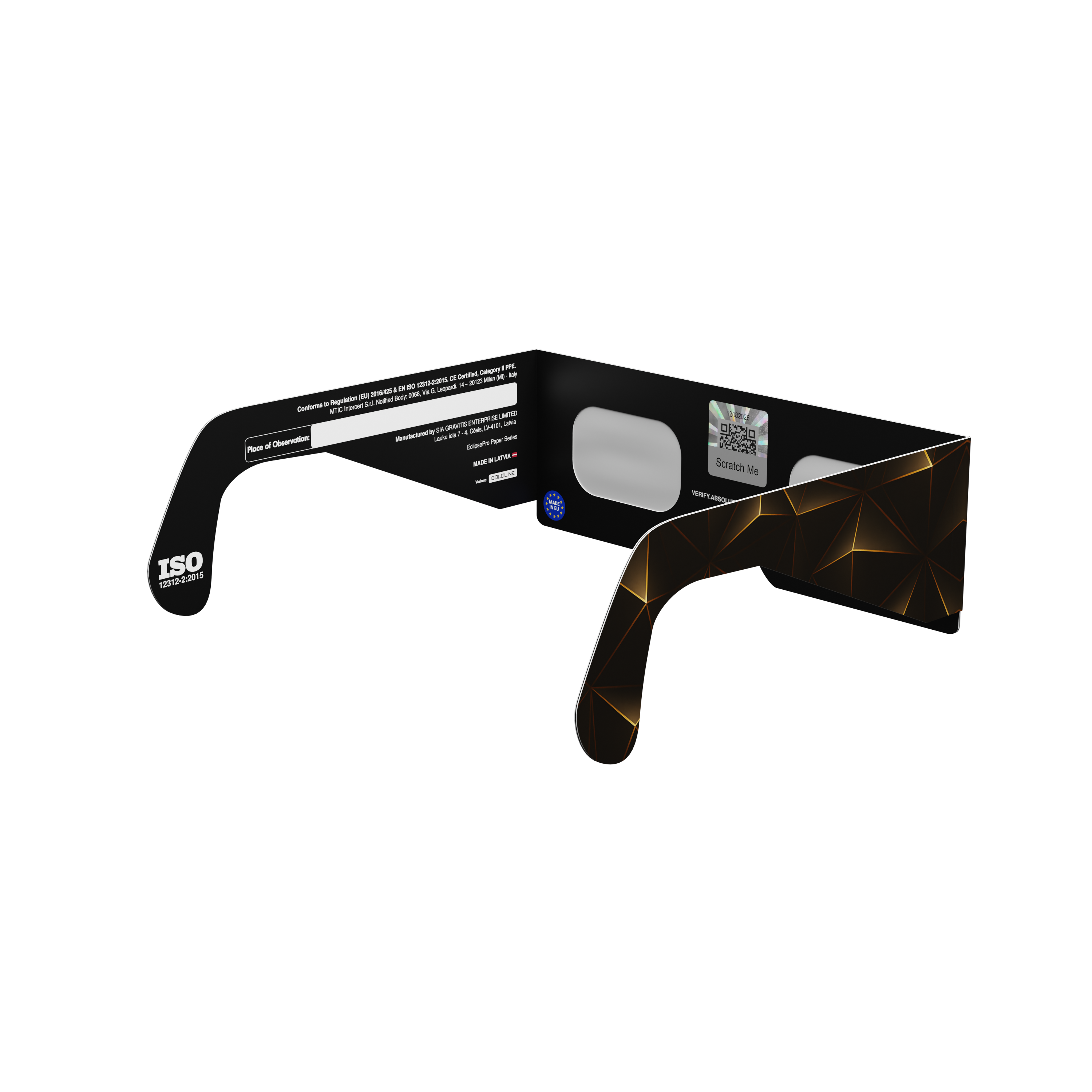Goldline solar eclipse glasses - 135° angle (transparent background)