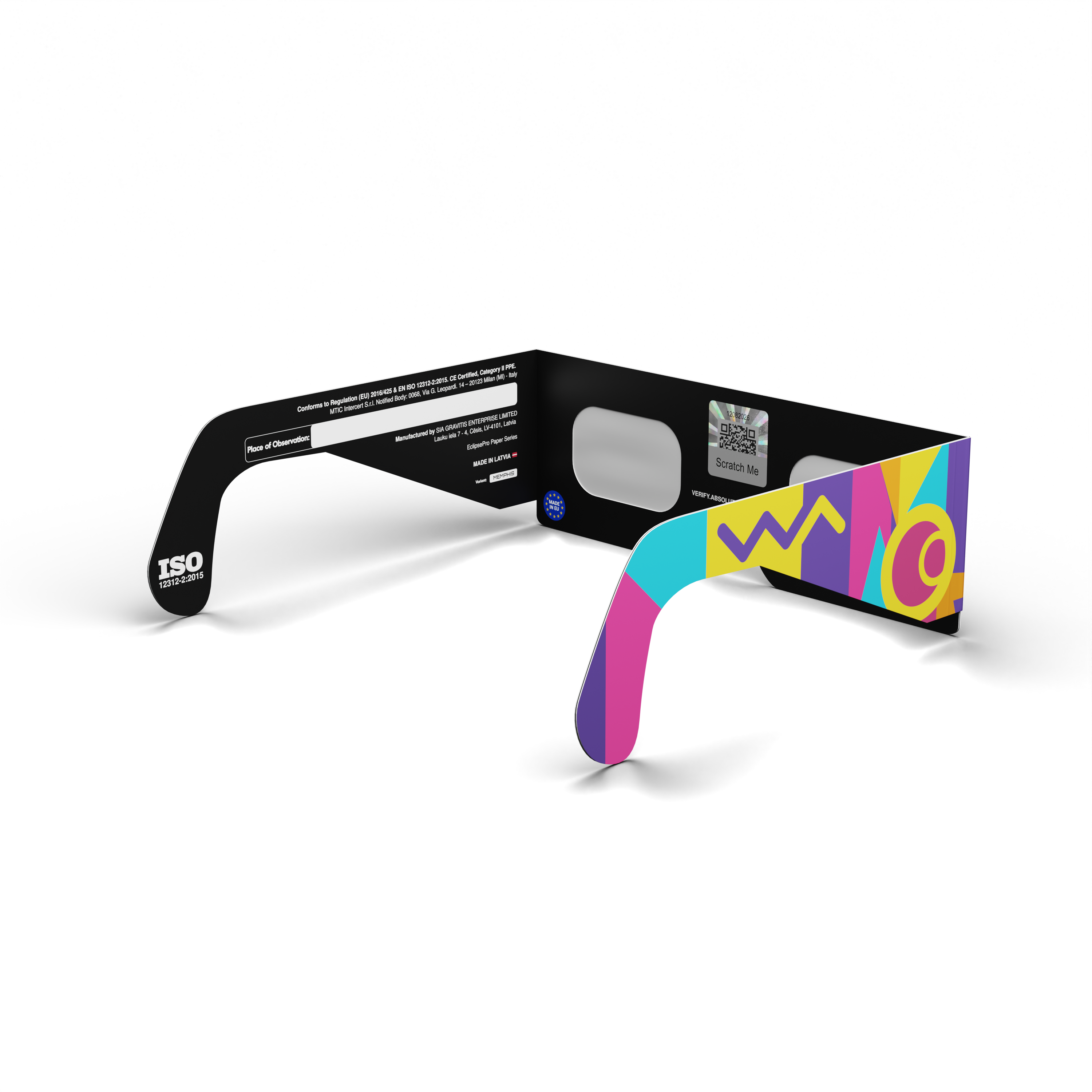 Memphis solar eclipse glasses - 135° angle (transparent background)
