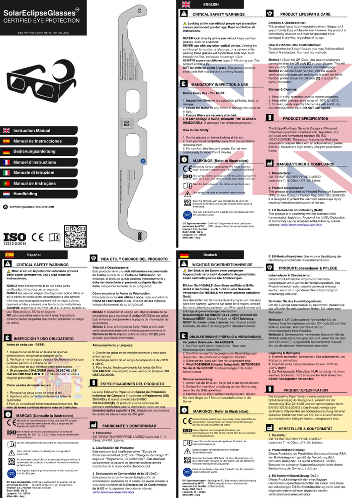 Preview of multi-language Instructions For Use leaflet for Absolute Eclipse glasses