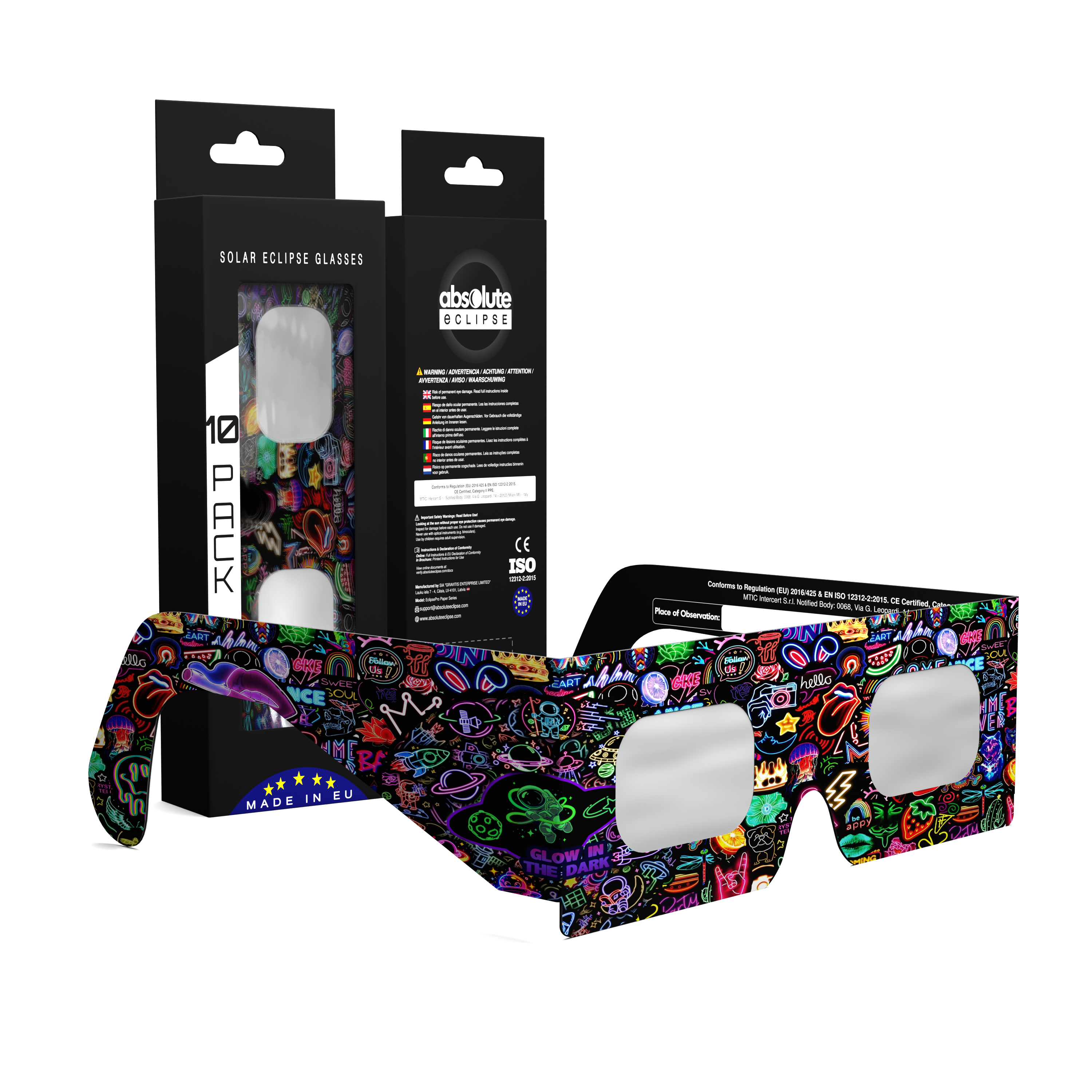 Neon solar eclipse glasses - 10 pack comp