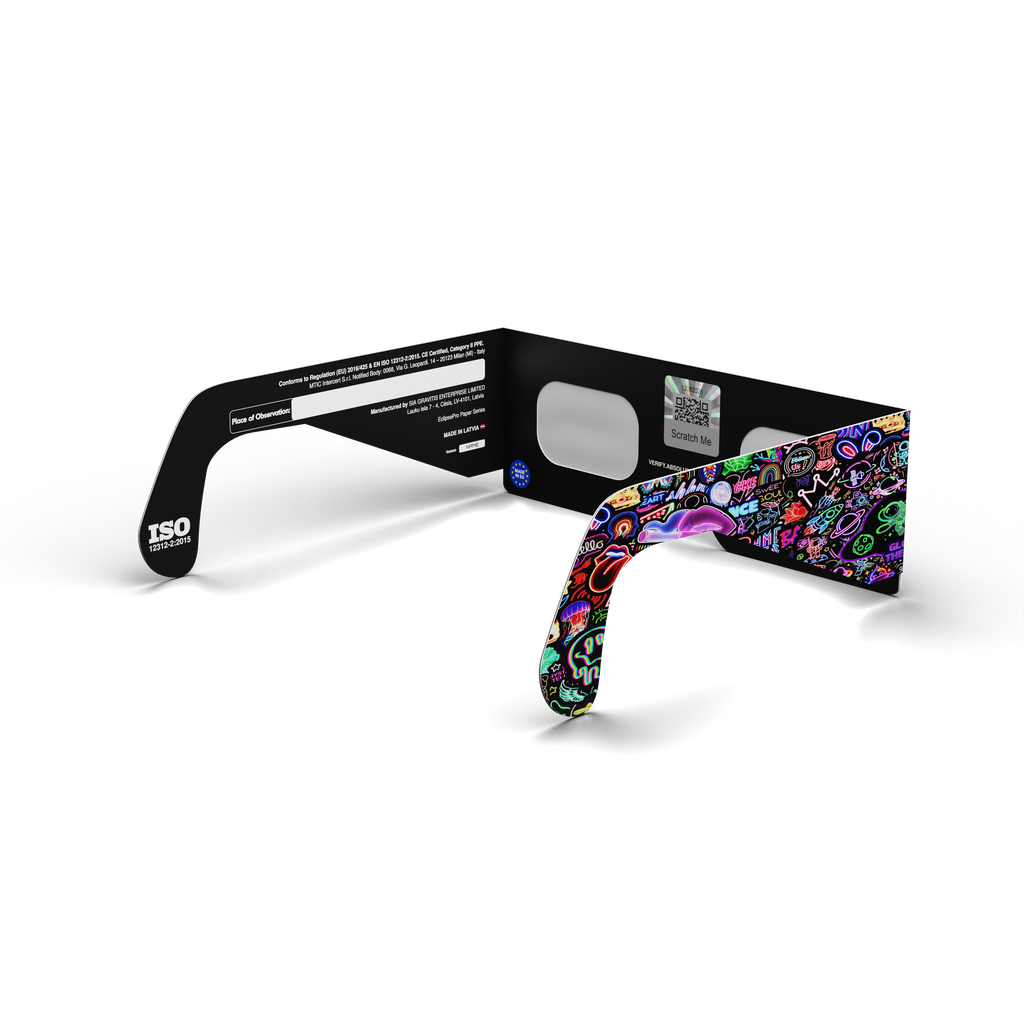 Neon solar eclipse glasses - 135° angle (transparent background)