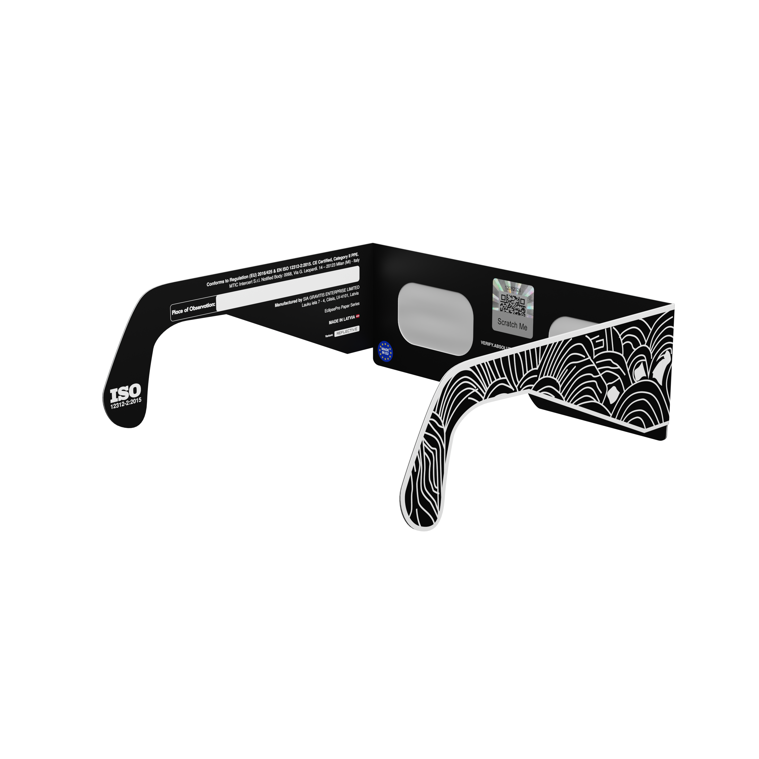Reflective solar eclipse glasses - 135° angle (transparent background)