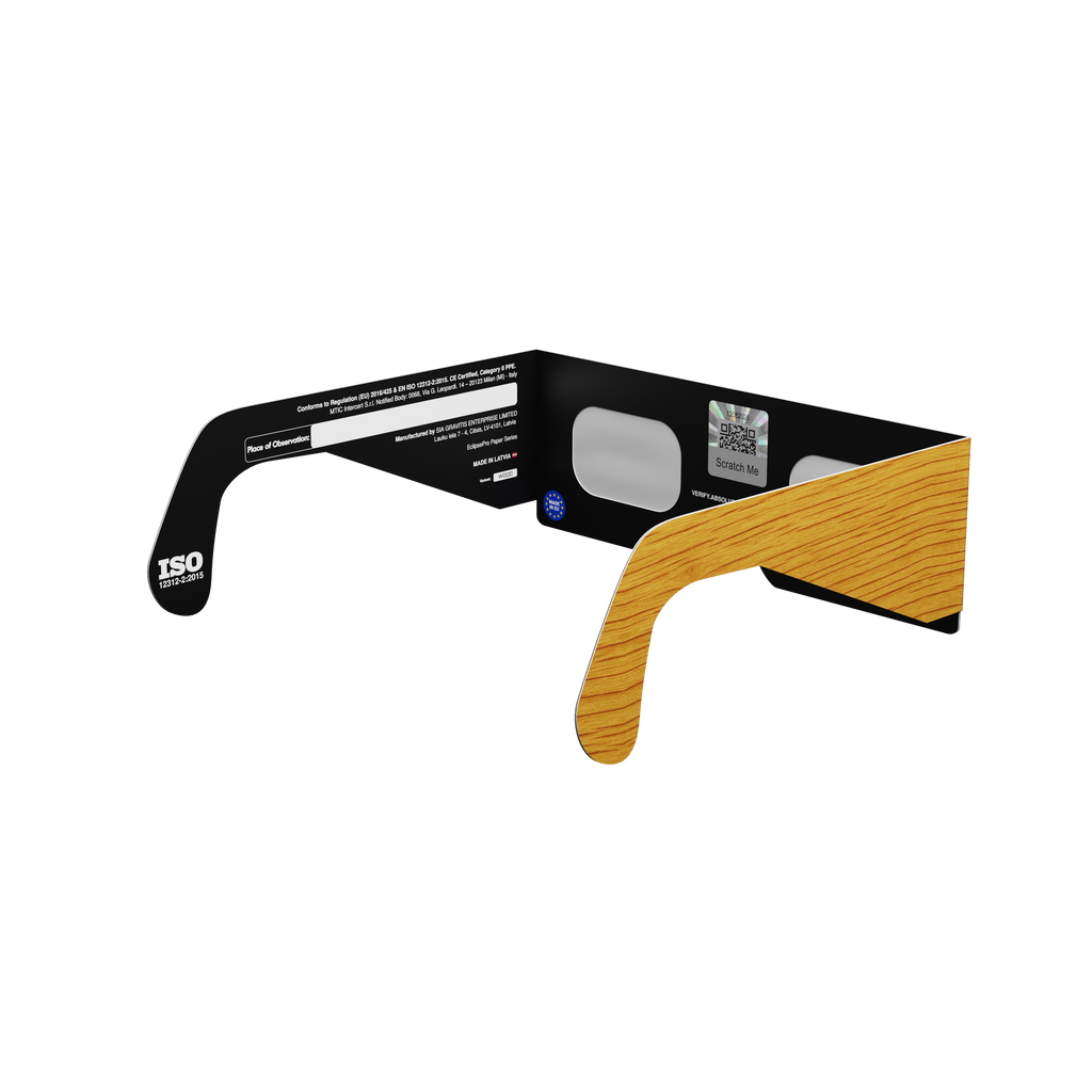Wood solar eclipse glasses - 135° angle (transparent background)