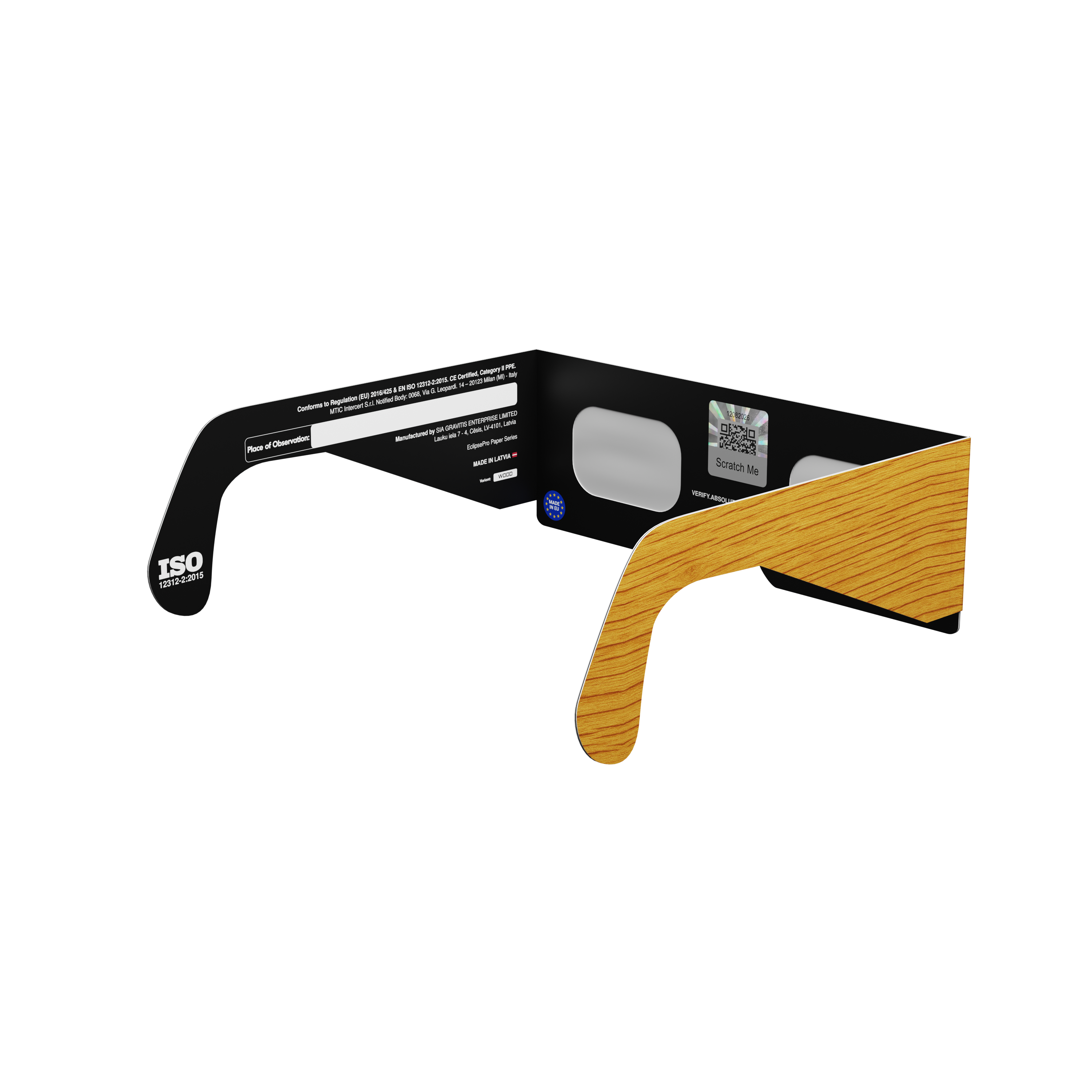 Wood solar eclipse glasses - 135° angle (transparent background)
