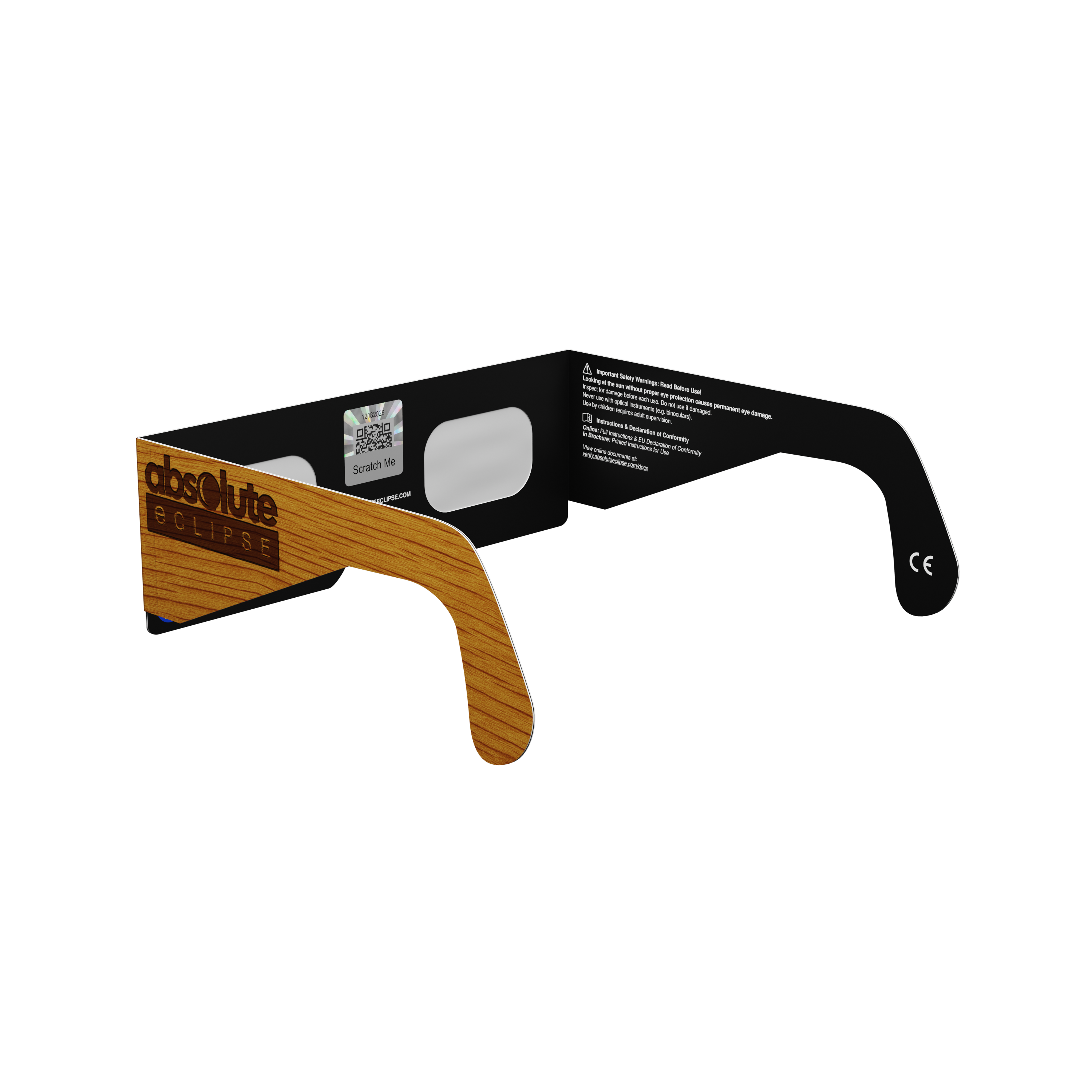 Wood solar eclipse glasses - 225° angle (transparent background)