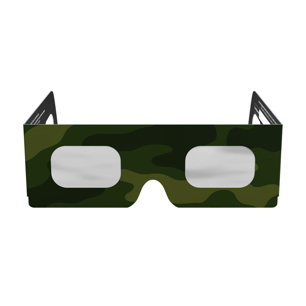 Front view of Army design eclipse glasses, showcasing the clean, flat lenses.