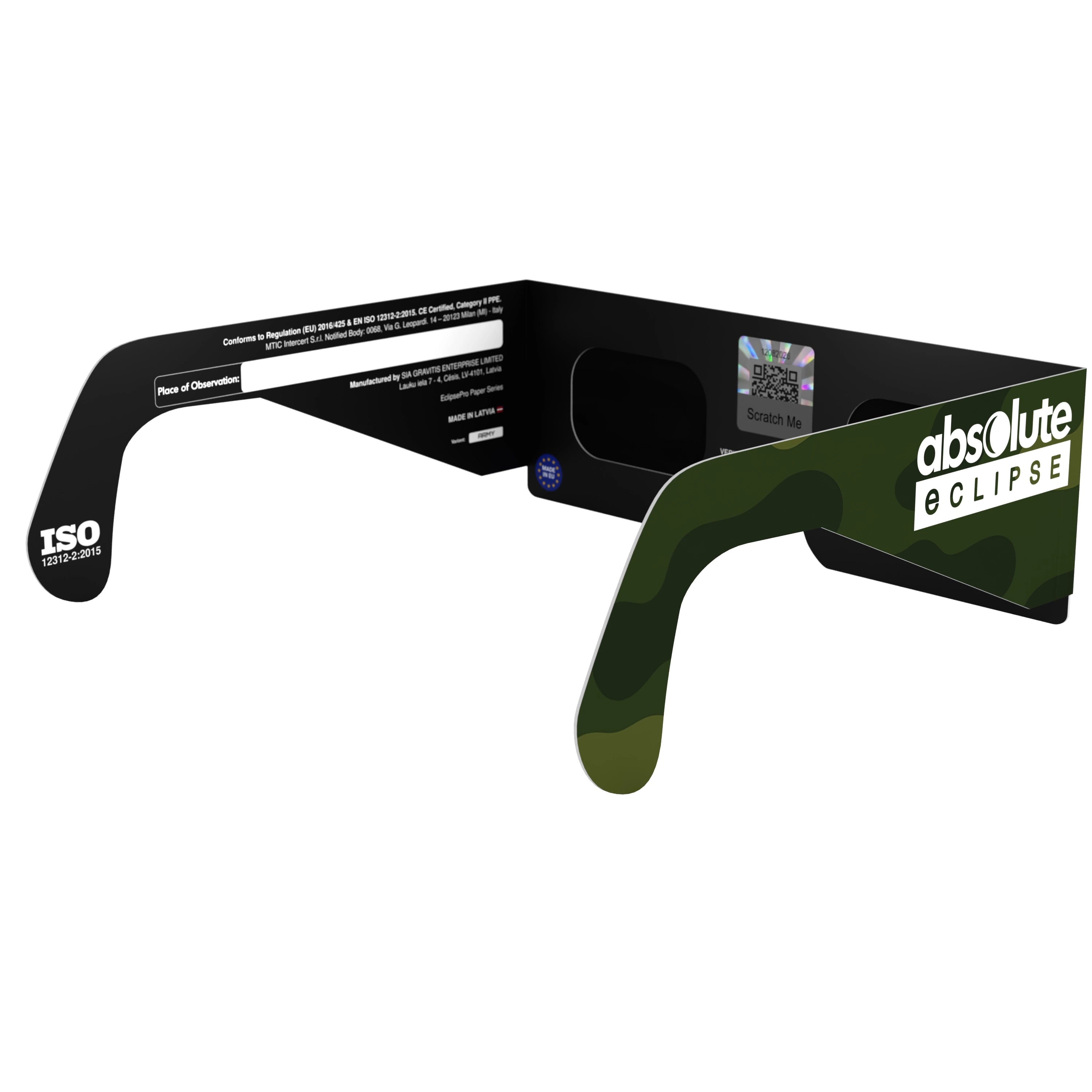 Back-side angle of Army design eclipse glasses, QR authenticity sticker visible.