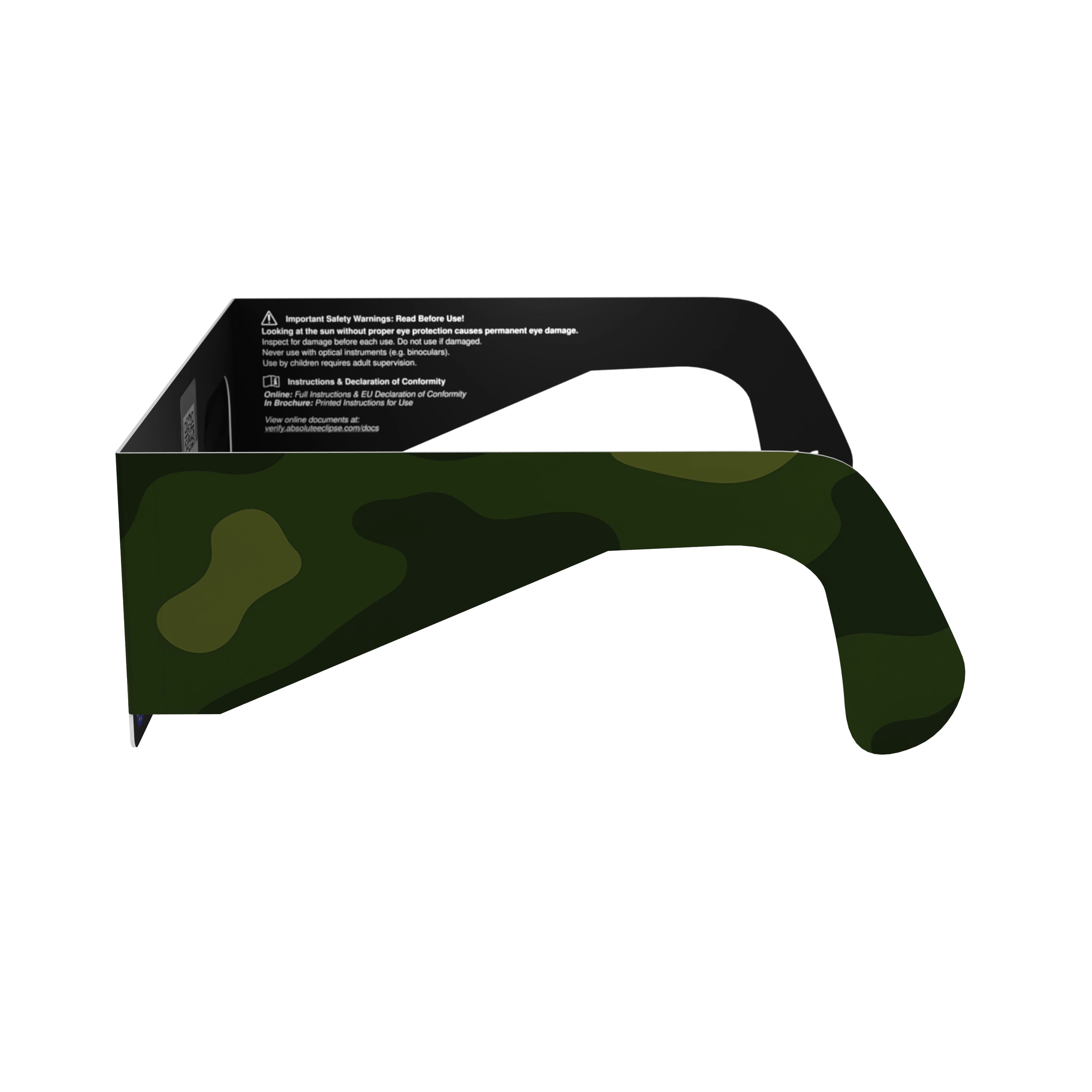 Side alternate profile view of Army design eclipse glasses, showing the lens clarity.