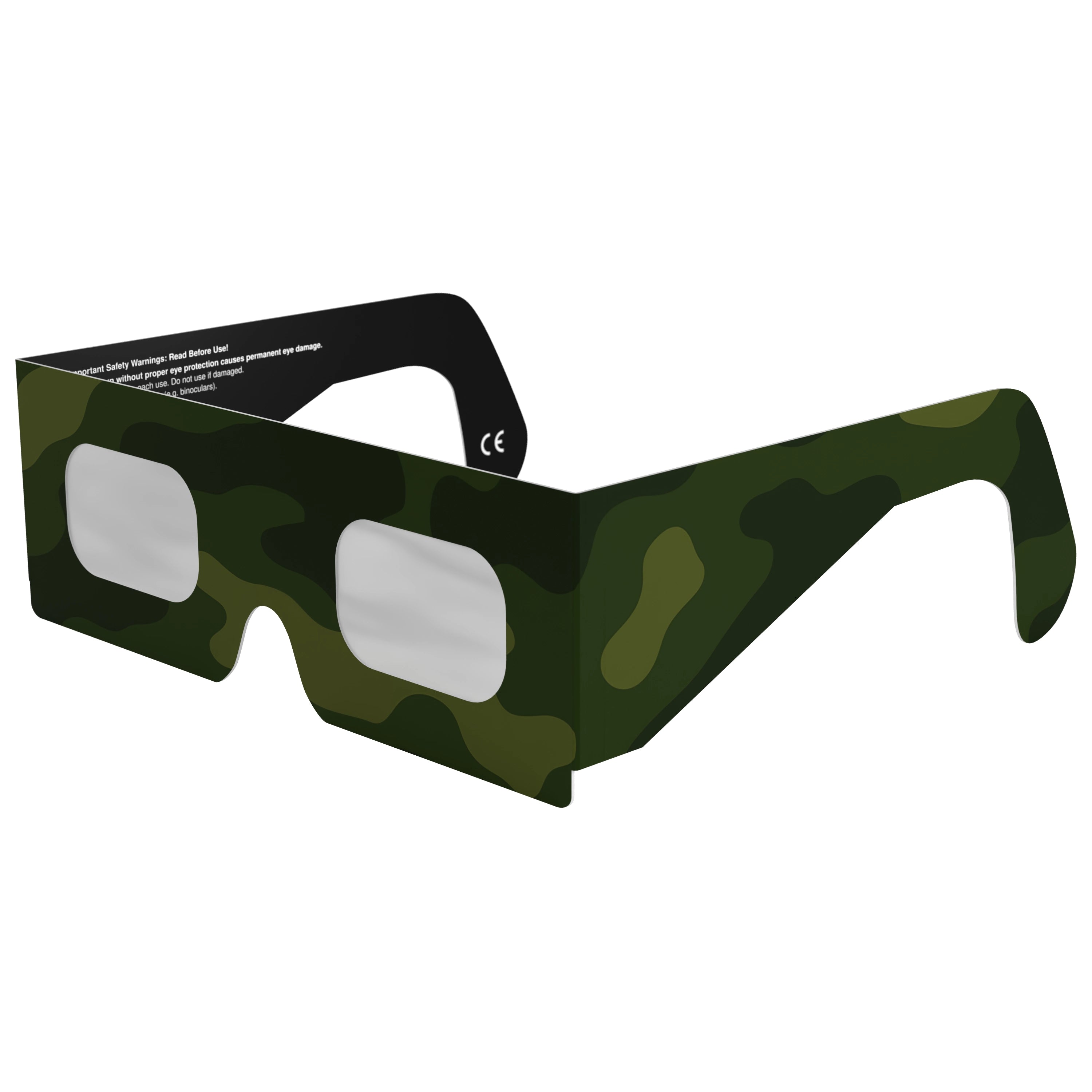 Front-side main angle of Army design eclipse glasses, highlighting the flat lens feature.