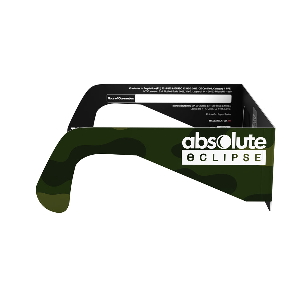 Side profile view of Army design eclipse glasses, demonstrating the sleek design.