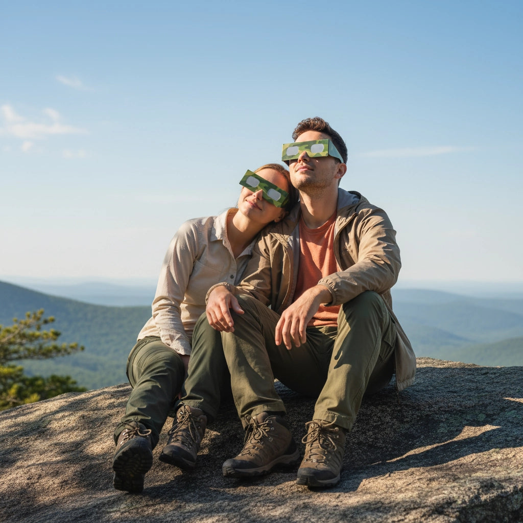 A young couple wearing Army design eclipse glasses on a rock, sharing a moment of awe, enjoying the outdoors.