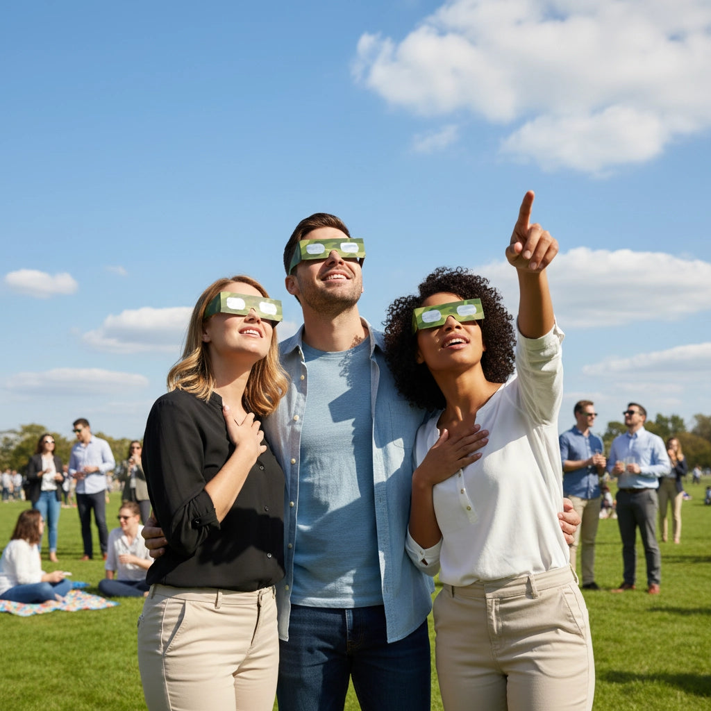 Three colleagues in Army design glasses at a corporate event, gazing up with wonder on a sunny day.
