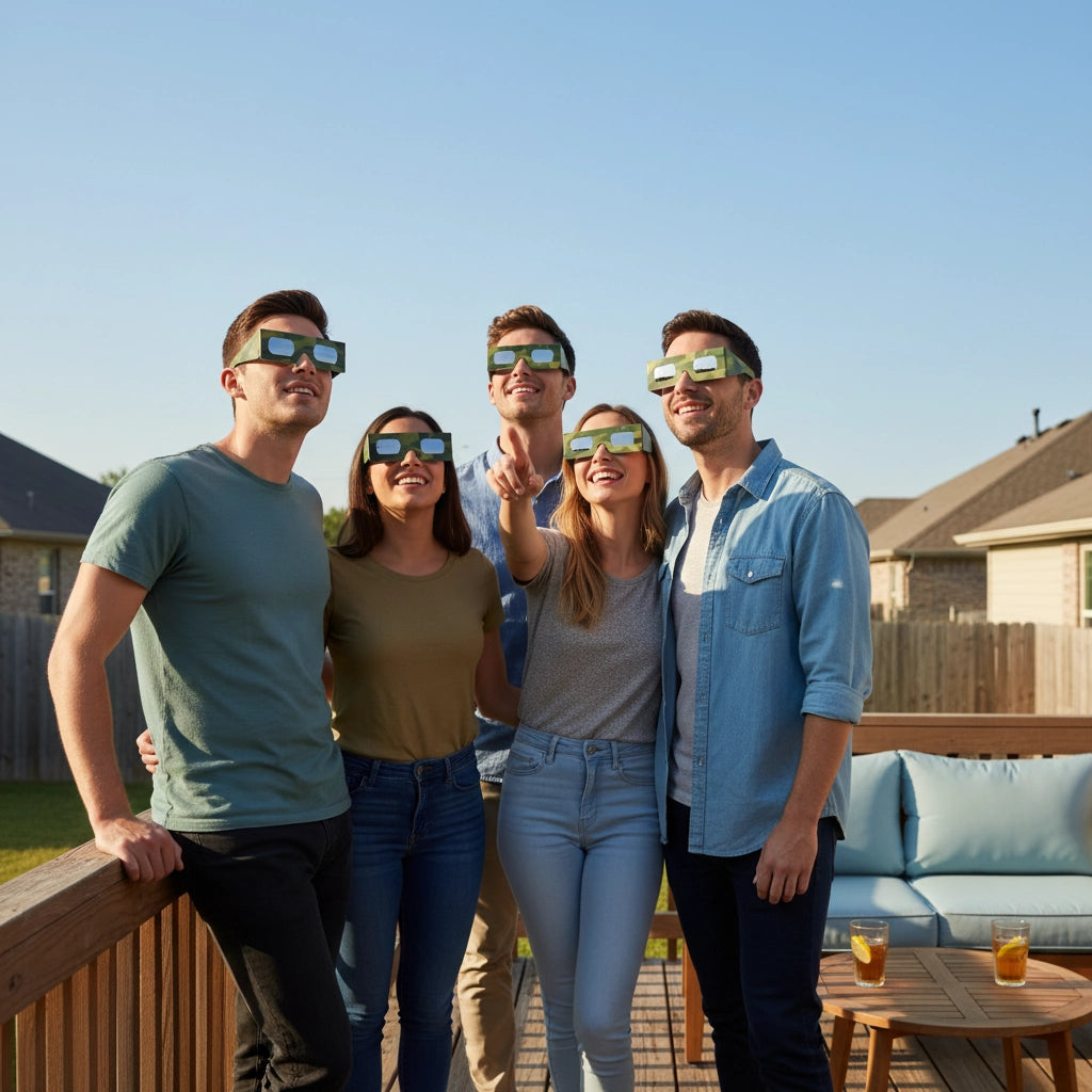 A group of friends wearing Army design eclipse glasses on a deck, looking up with smiles during a sunny gathering.