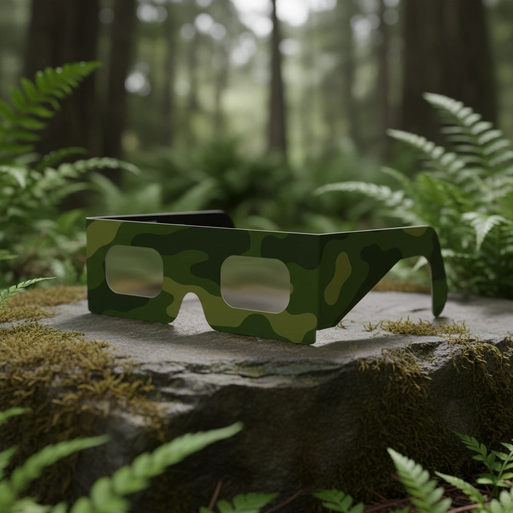A professional still life of Army design eclipse glasses on a mossy stone in a green forest, ISO 12312-2 compliant.