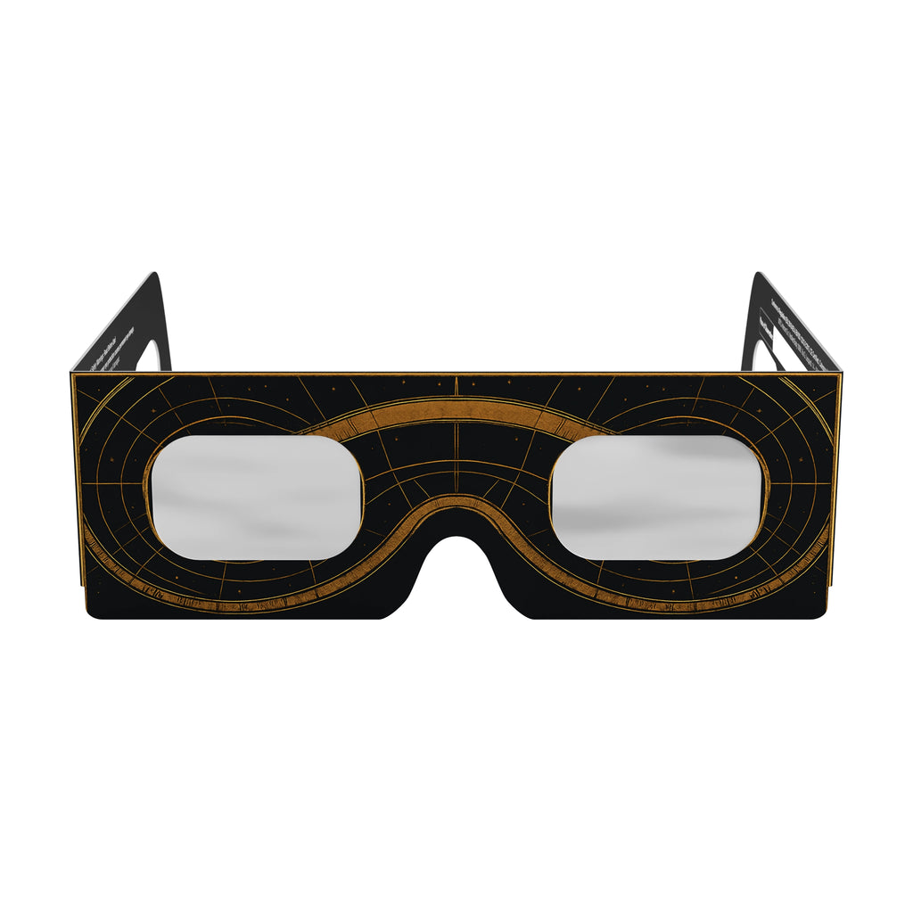 Front view of Astral design solar eclipse glasses showcasing their cosmic pattern and CE certification.