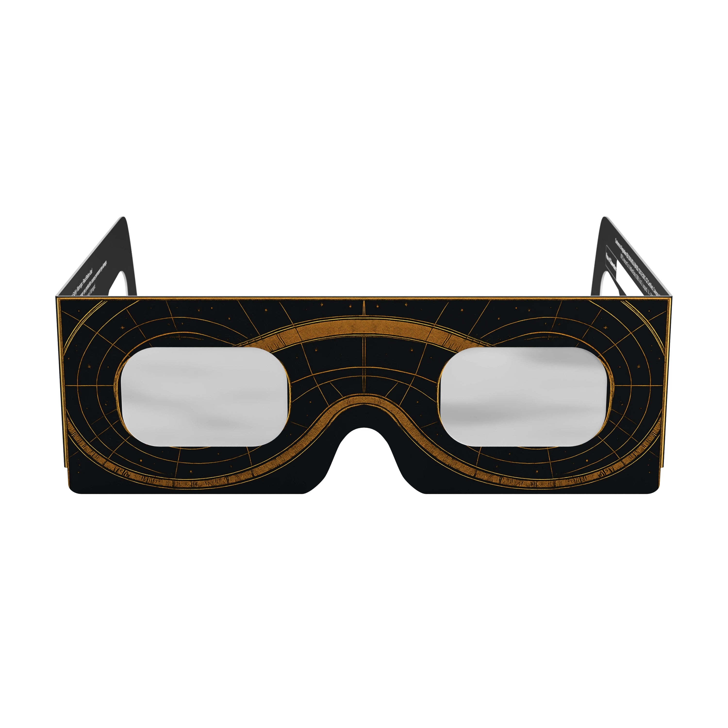 Front view of Astral design solar eclipse glasses showcasing their cosmic pattern and CE certification.