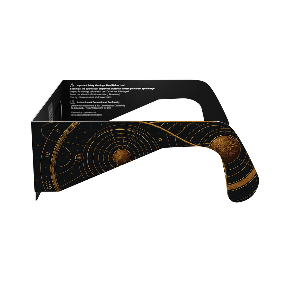 Side alternate profile view of Astral solar eclipse glasses showcasing their celestial design and flat lens.