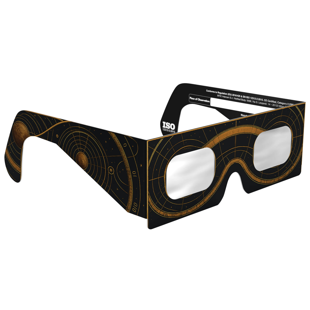 45-degree angle view of Astral design solar eclipse glasses highlighting their celestial design and ISO 12312-2 compliance.