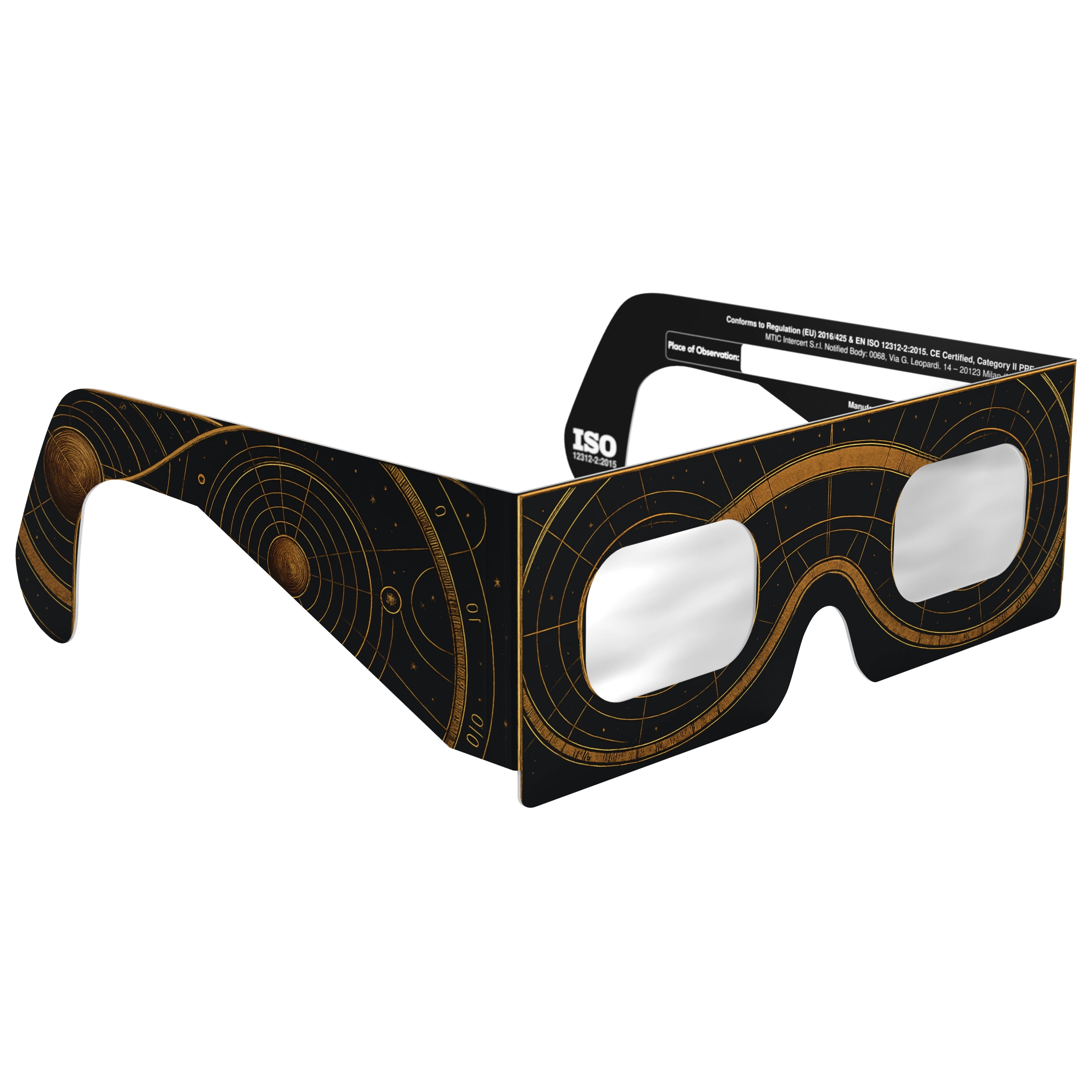 45-degree angle view of Astral design solar eclipse glasses highlighting their celestial design and ISO 12312-2 compliance.