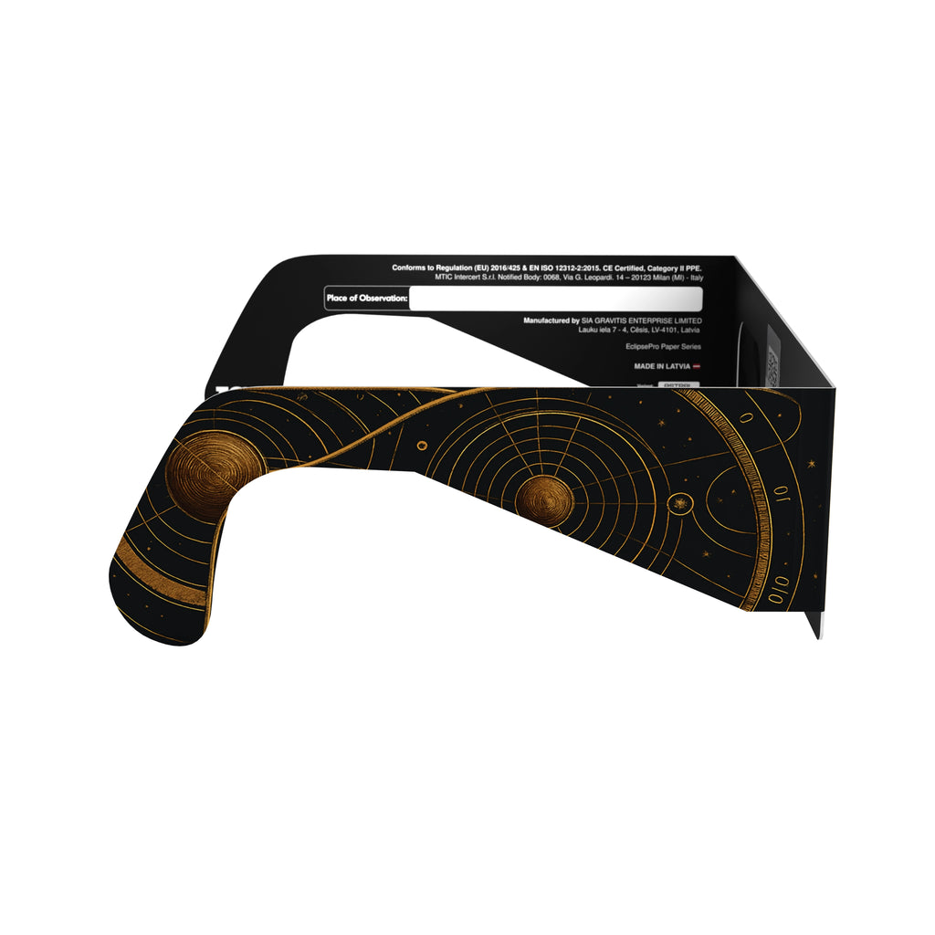 Side profile view of Astral solar eclipse glasses, emphasizing the flat lens design and cosmic theme.