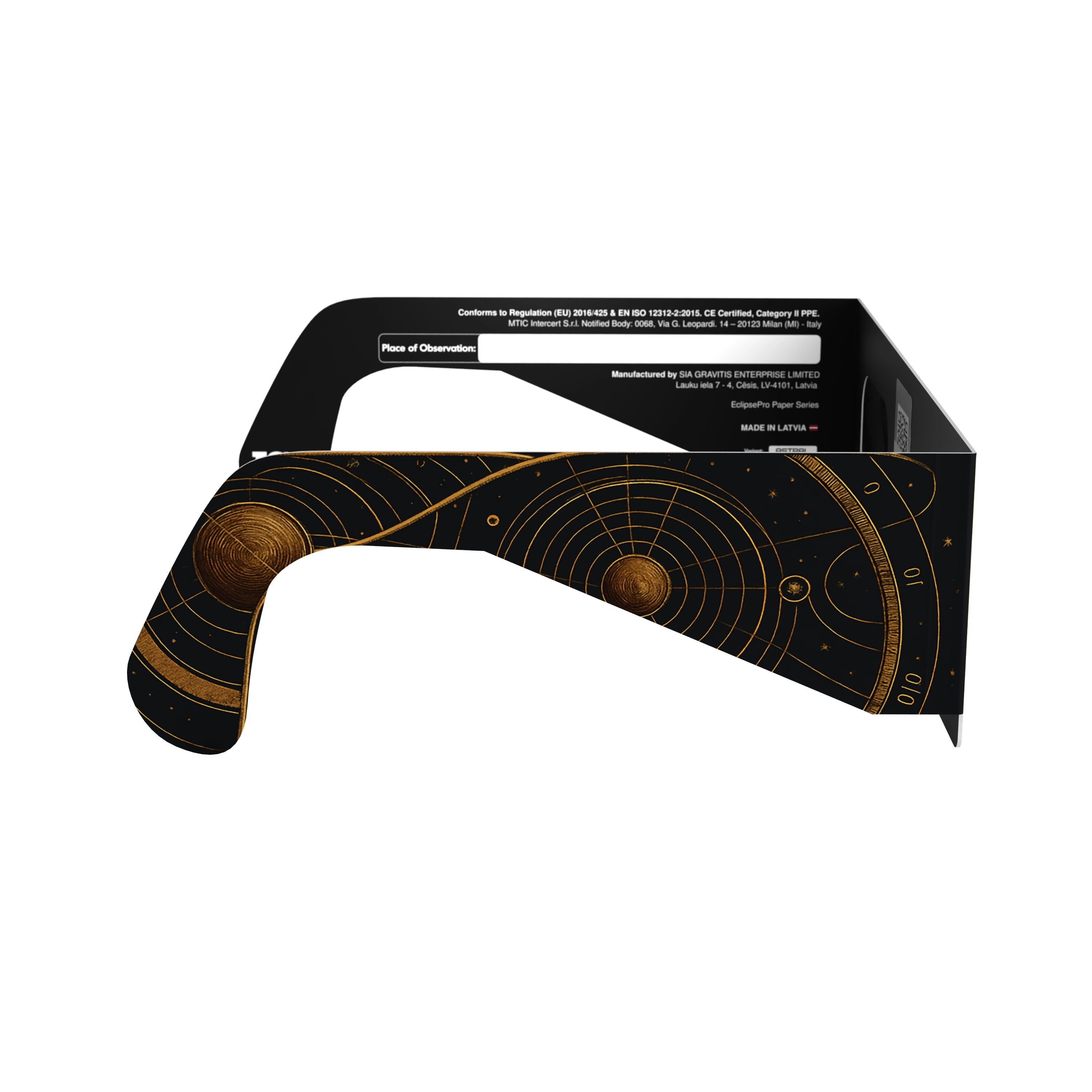 Side profile view of Astral solar eclipse glasses, emphasizing the flat lens design and cosmic theme.