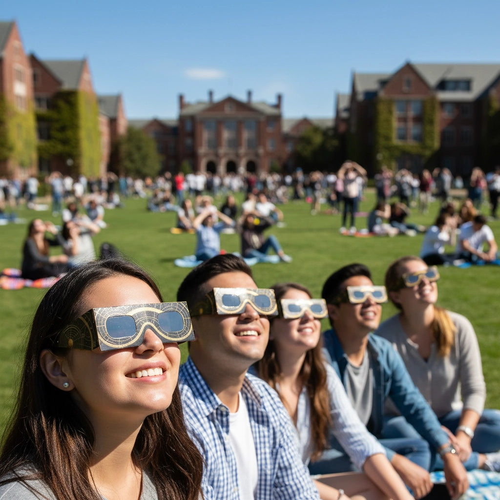 A crowd on a university lawn wearing Astral glasses, celebrating a community event while gazing at the sky for August 12, 2026.