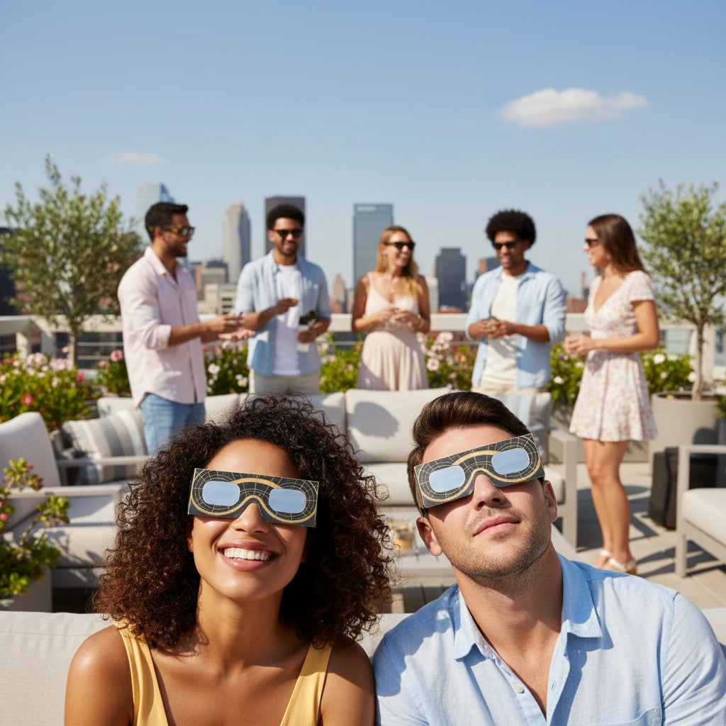 Diverse friends on a rooftop wearing Astral glasses, sharing excitement as they look up towards the sky for the August 12, 2026 event.