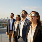 Colleagues on a corporate terrace wearing Astral glasses, looking up with awe, perfect for safe viewing during the 2026 eclipse.