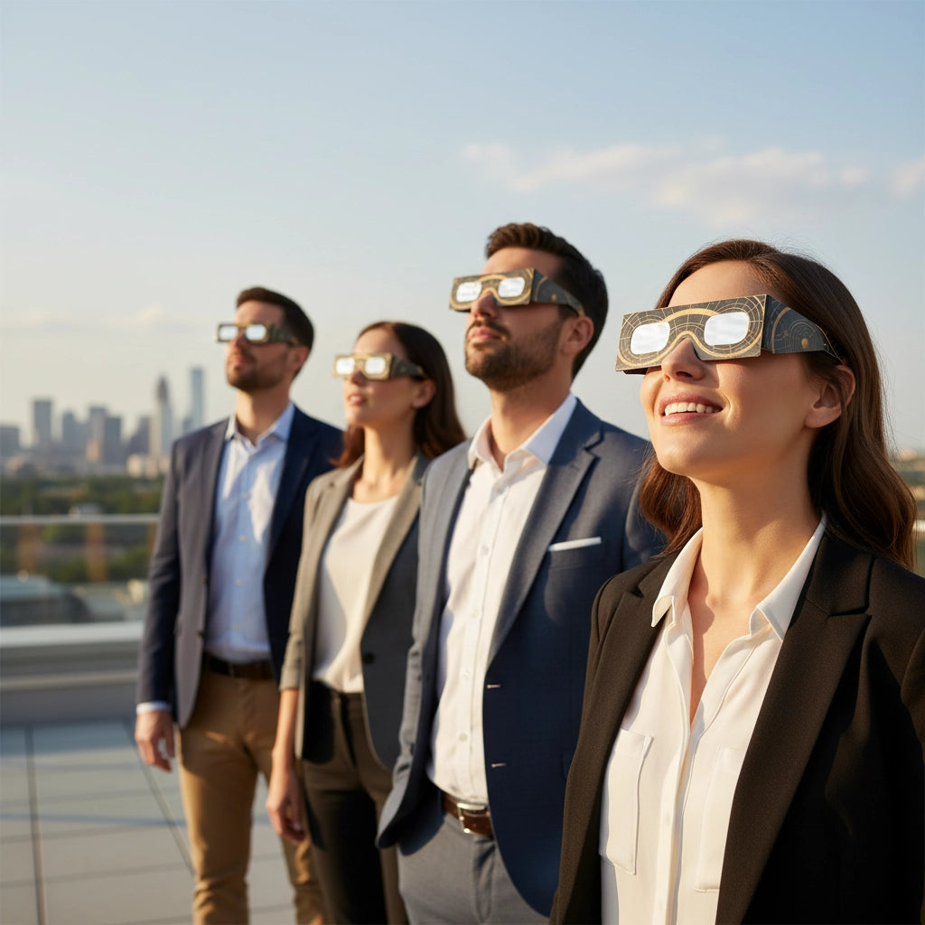 Colleagues on a corporate terrace wearing Astral glasses, looking up with awe, perfect for safe viewing during the 2026 eclipse.