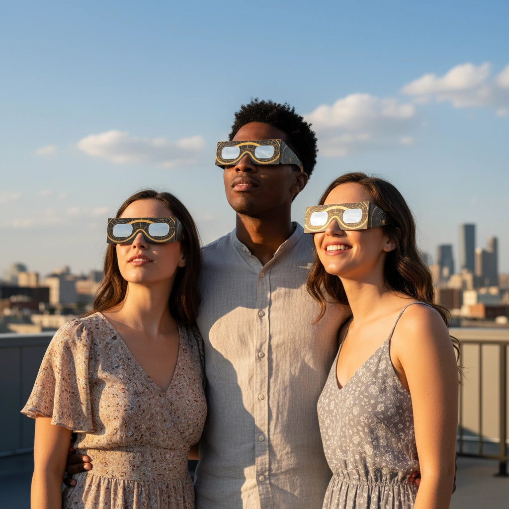 A group of friends wearing Astral design glasses, enjoying a rooftop gathering and looking up at the sky for August 12, 2026.