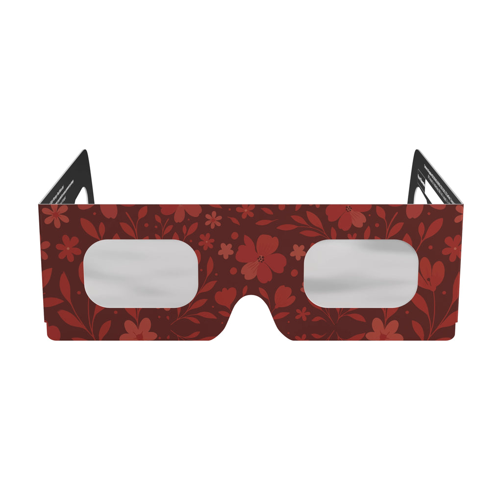Clean front view of Bloom solar eclipse glasses, showcasing the flat lenses and floral design. ISO 12312-2 compliant.