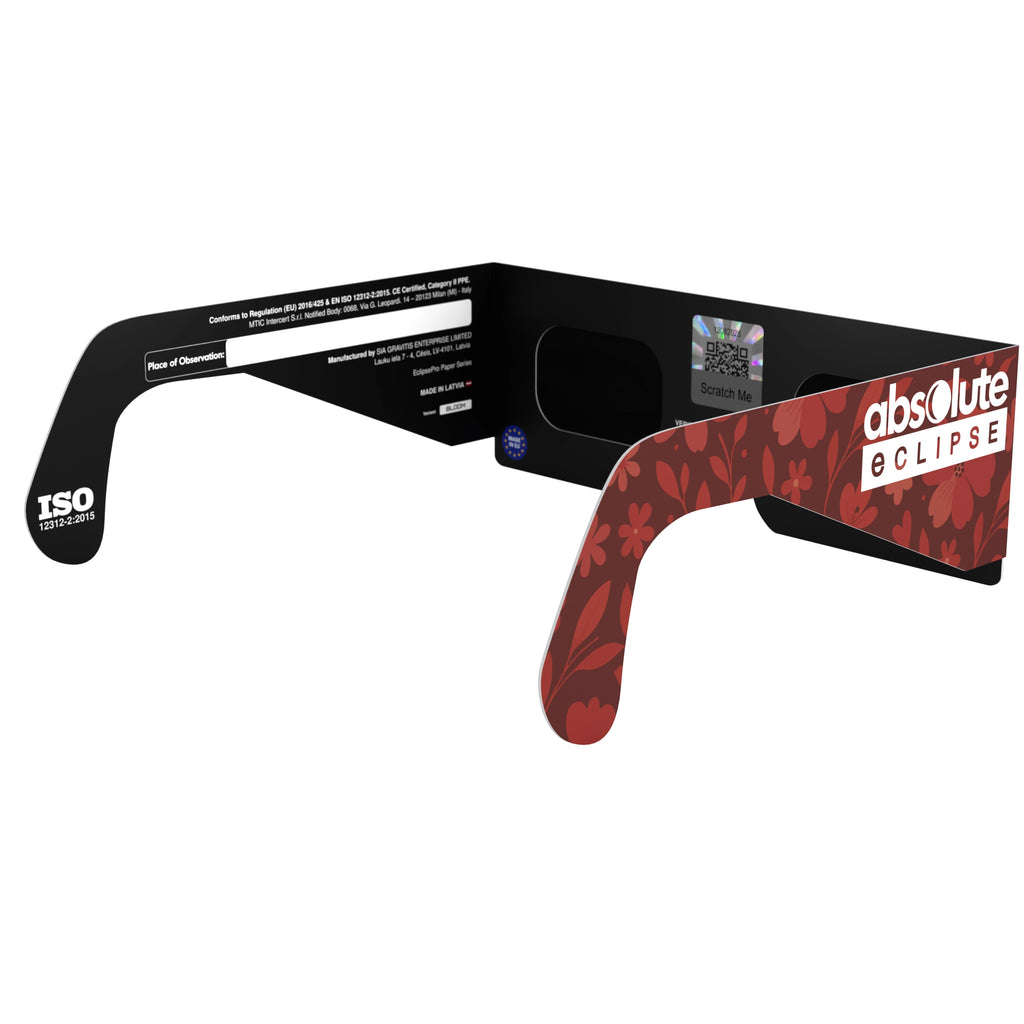 Back-side angle view of Bloom eclipse glasses, featuring a QR authenticity sticker and showcasing their unique floral design.