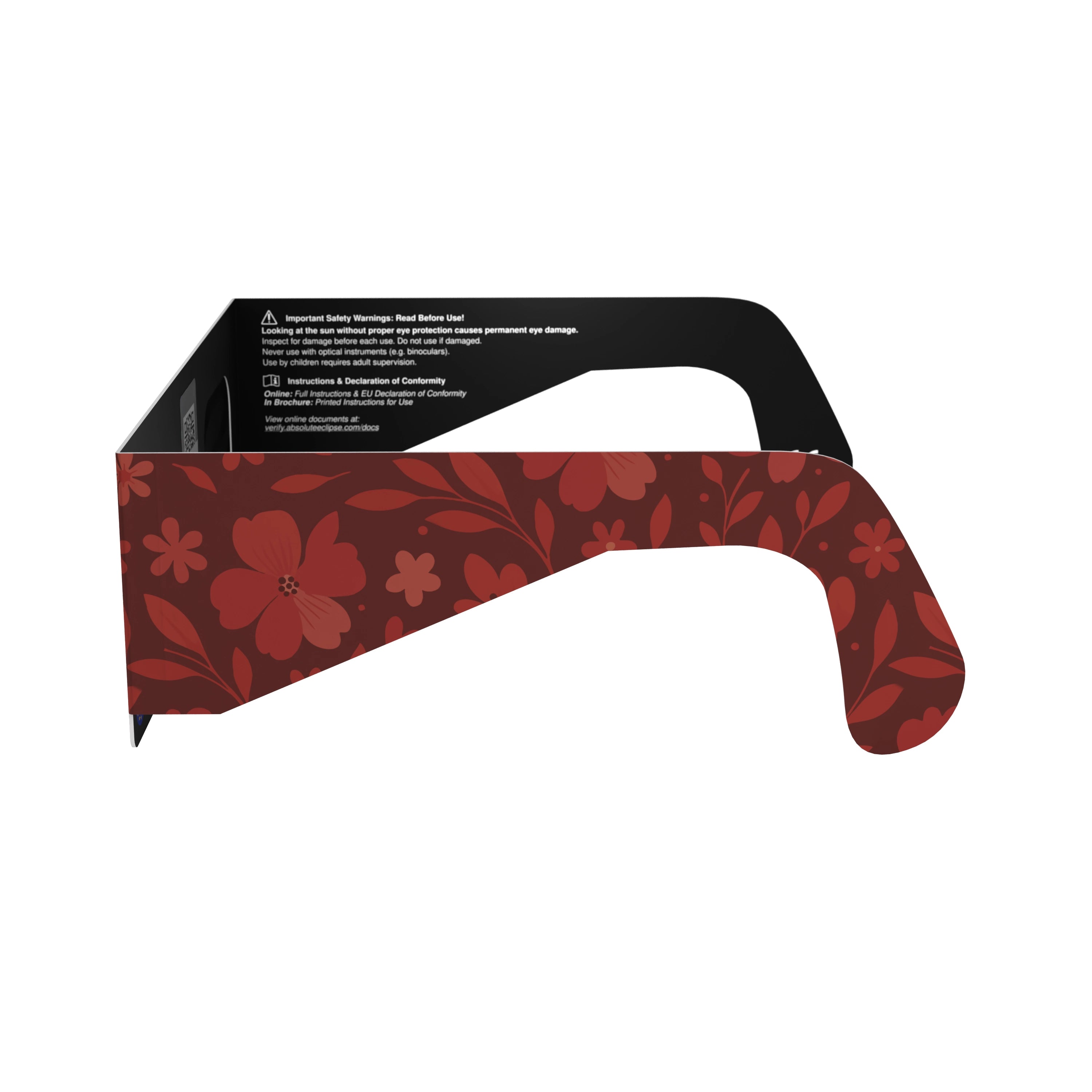 Side alternate profile of Bloom solar eclipse glasses, highlighting their flat lenses and floral design. ISO 12312-2 certified.