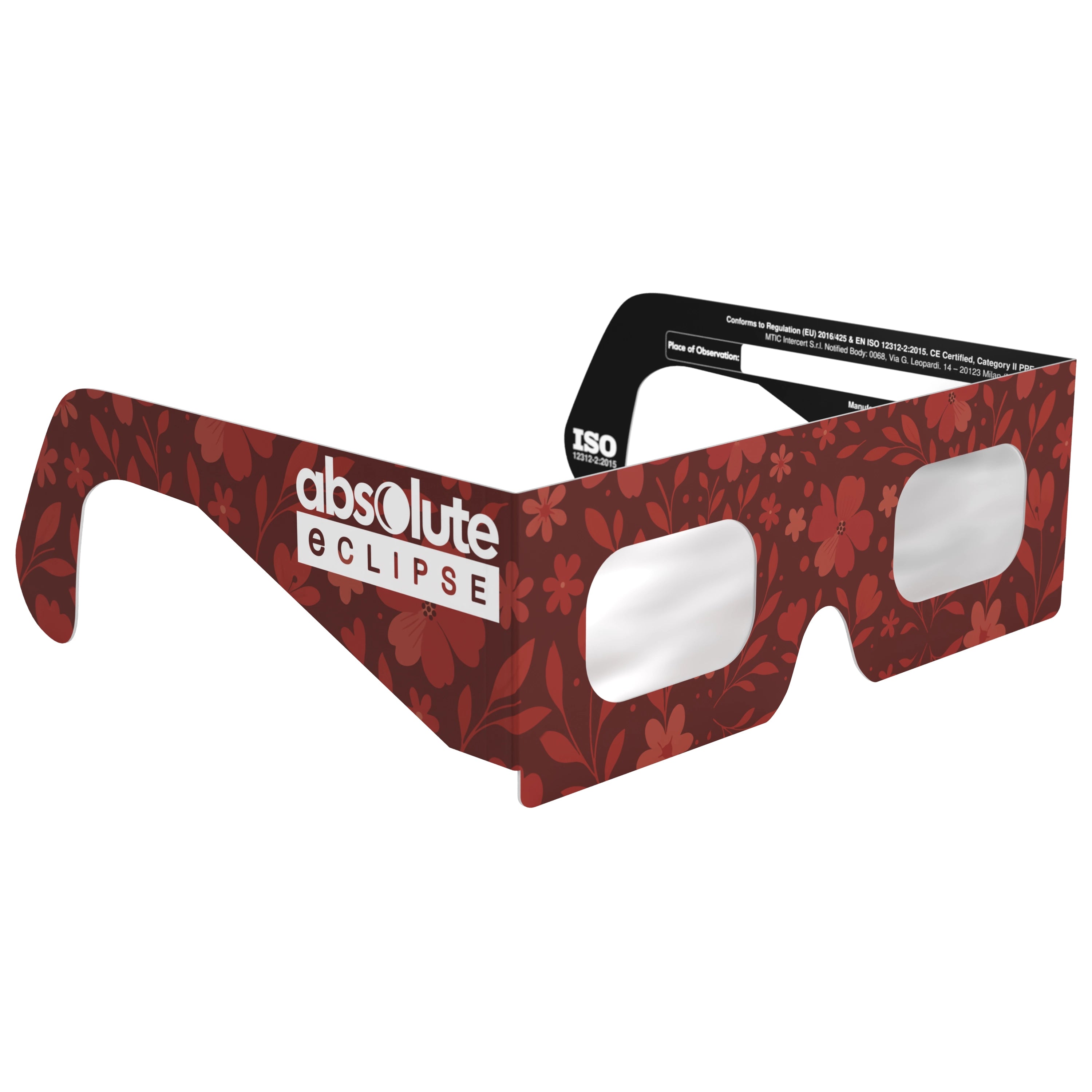 45-degree front-side angle view of Bloom eclipse glasses, emphasizing their botanical design and safety compliance. CE certified.