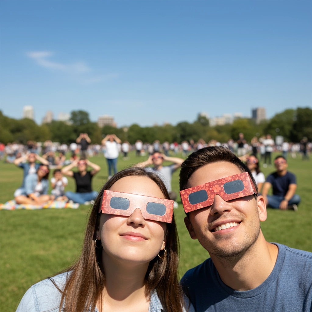 A large crowd wearing Bloom glasses at a public viewing event in a park, capturing a shared moment of excitement under a clear sky. CE certified.