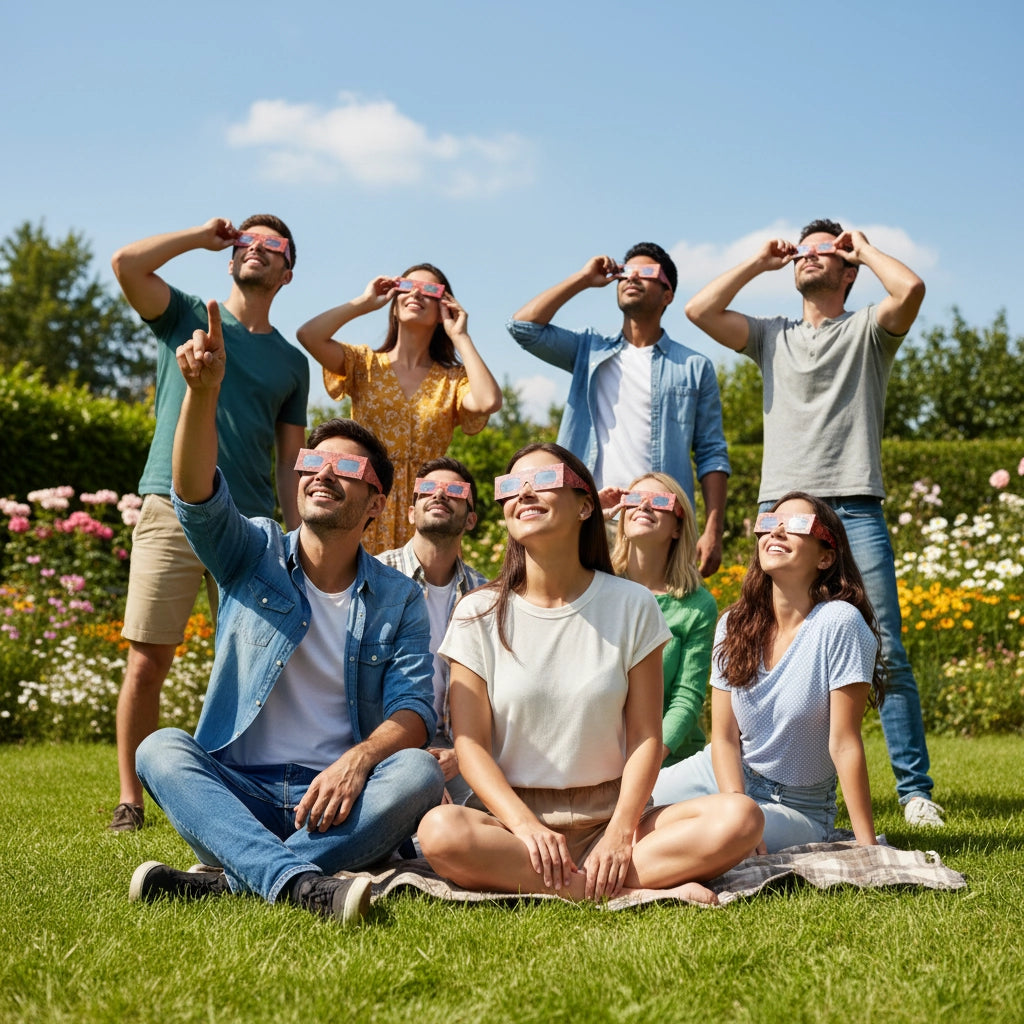 A group of friends wearing Bloom solar eclipse glasses at a vibrant party, sharing joyful moments under the sun in a lush backyard. ISO 12312-2 certified.
