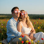A romantic couple wearing Bloom eclipse glasses, sharing a quiet moment on a picnic blanket in a flower-filled meadow during golden hour. CE certified.
