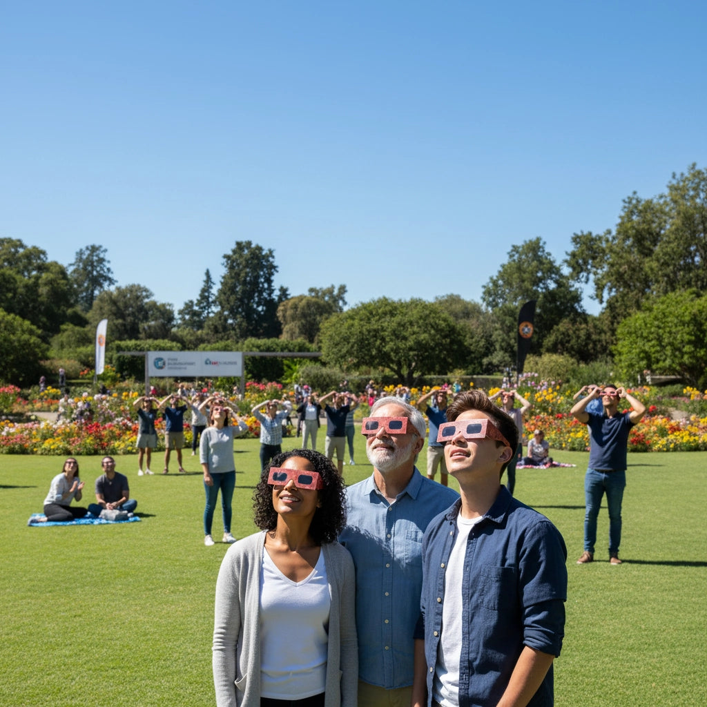 Three adults at a community event in a botanical garden, wearing Bloom eclipse glasses and looking up with wonder. Ideal for the August 12, 2026 eclipse.