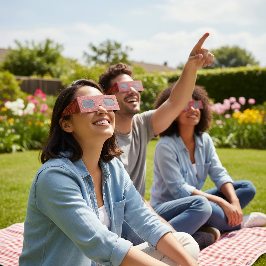 Three friends wearing Bloom glasses, enjoying a sunny day in a backyard garden, gazing at the sky in awe. Perfect for the August 12, 2026 eclipse.