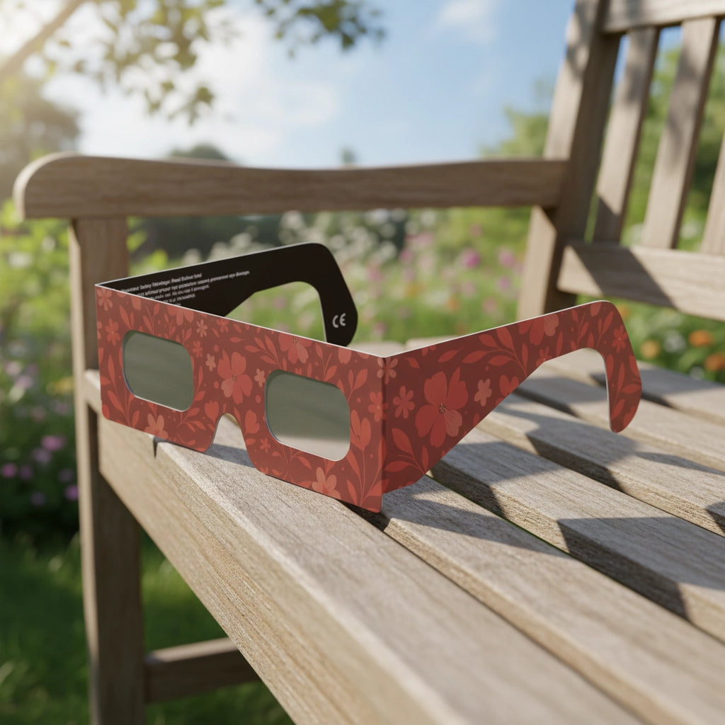 A still life of Bloom solar eclipse glasses on a weathered wooden garden bench, highlighting their flat lenses in a serene garden setting. ISO 12312-2 compliant.