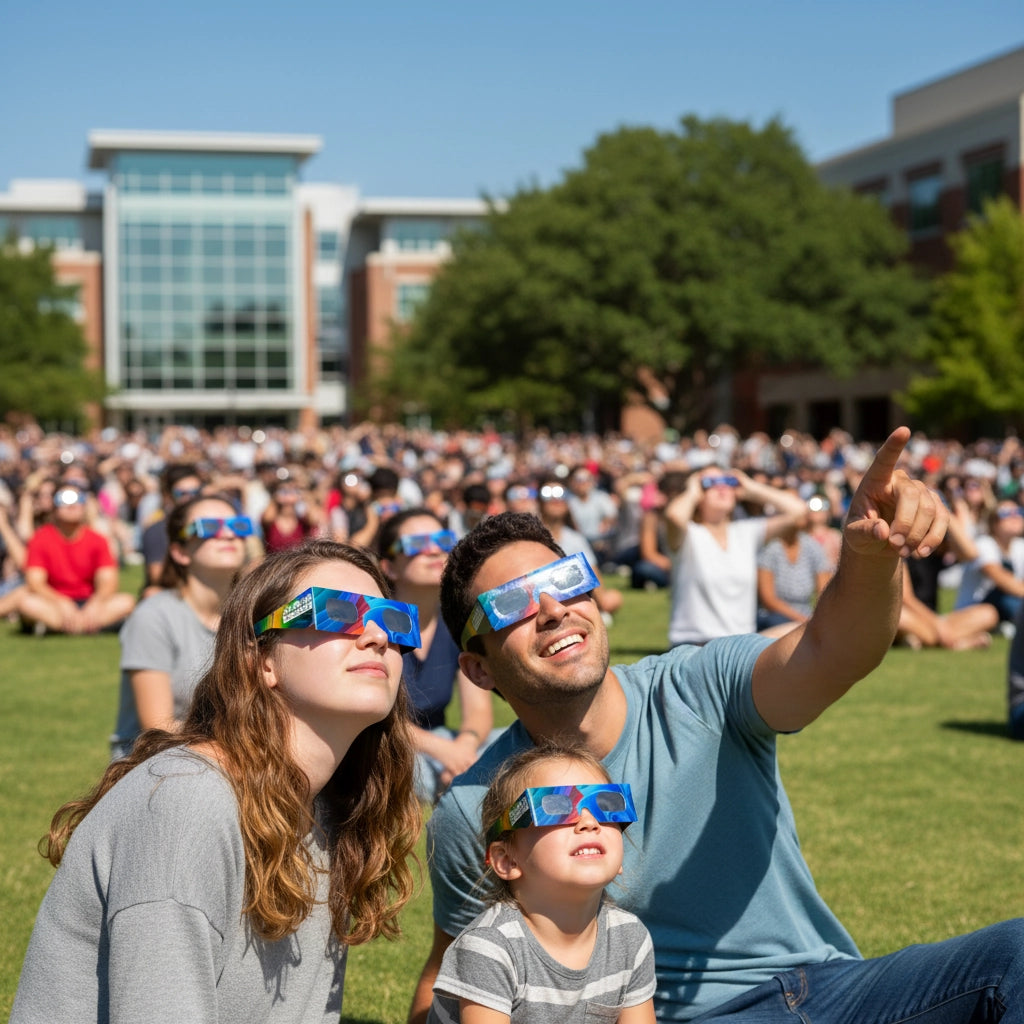 A large crowd gathered on a university campus lawn, everyone wearing Breeze design eclipse glasses and looking up. EU Regulation (EU) 2016/425 compliant.