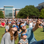 A large crowd gathered on a university campus lawn, everyone wearing Breeze design eclipse glasses and looking up. EU Regulation (EU) 2016/425 compliant.