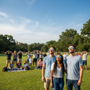 A vibrant community event in a sunny park with adults wearing Breeze design eclipse glasses, joyfully looking up.